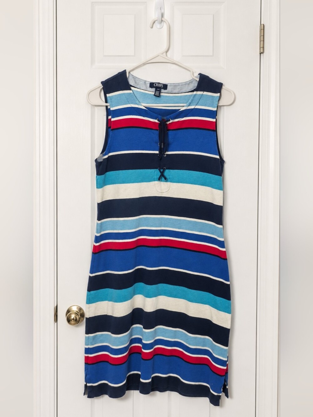 CHAPS Red, White And Blue Striped Sleeveless Midi Dress.